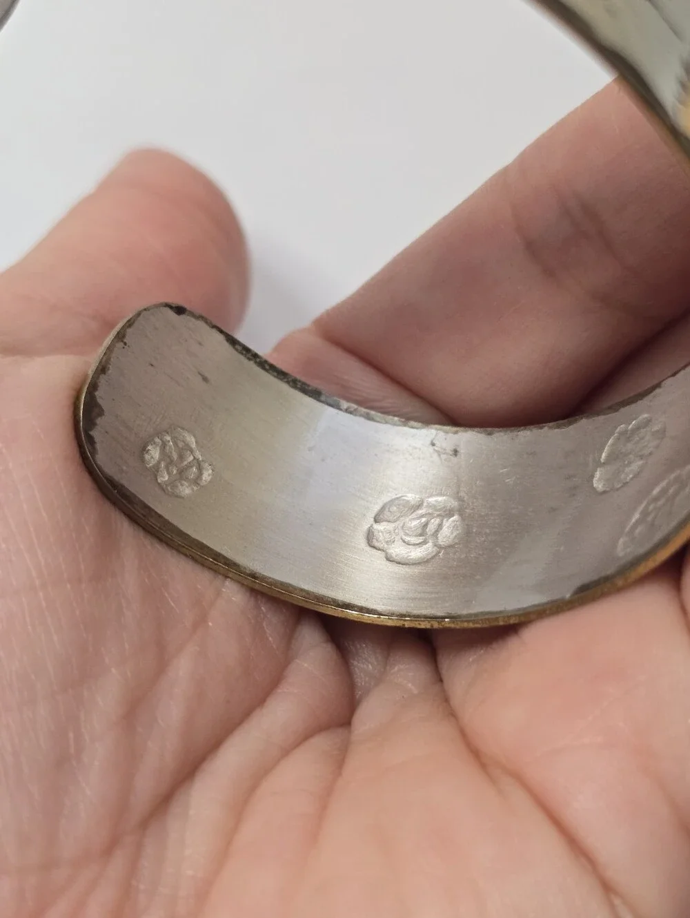 Reed & Barton Silver-Tone Daniascene Engraved Cuff Bracelet with Gold Trim
